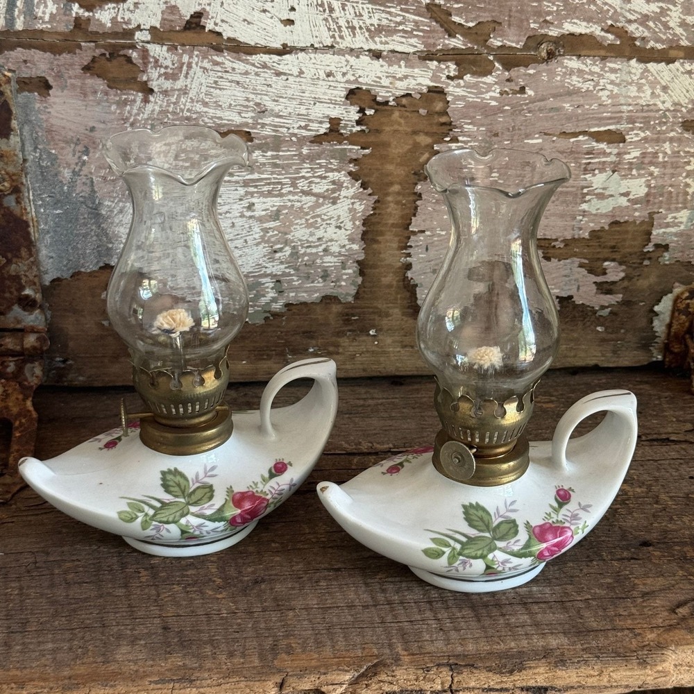 Vintage Porcelain Slipper Rose Miniature Oil Lamps Pair Pink Floral Made‎ in HK